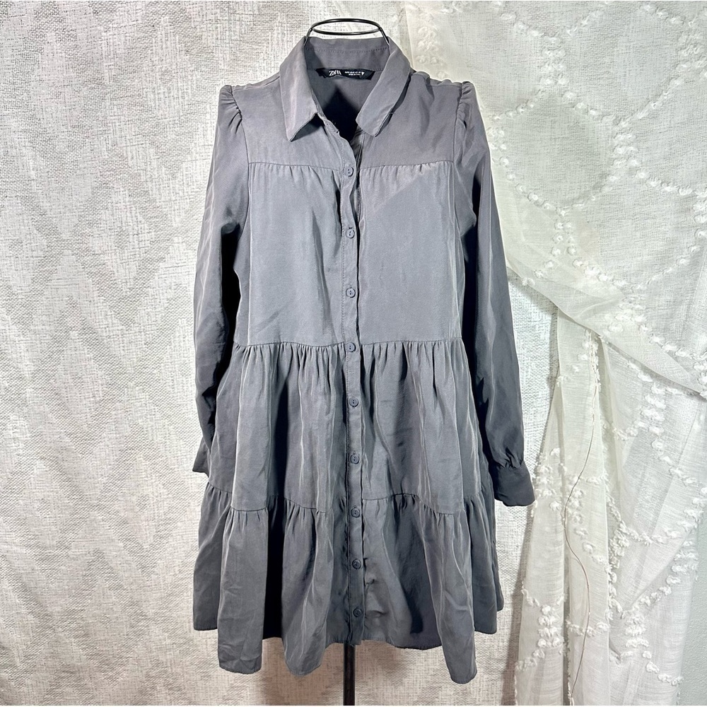 Zara grey long sleeve collared tiered mini dress size S